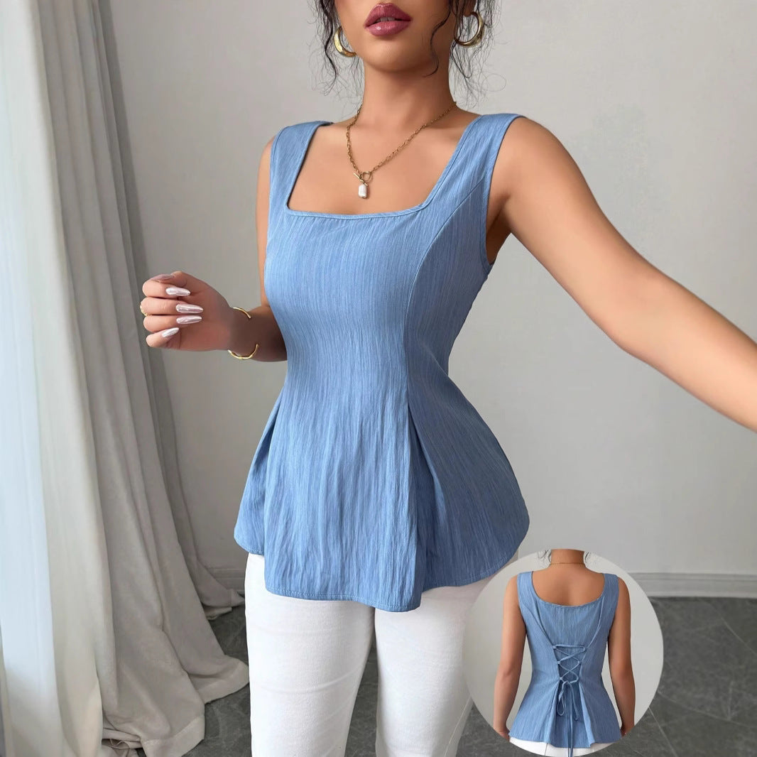 Damen ärmelloses Peplum Oberteil in elegantem Königsblau. Figurbetontes Top für Frühling und Sommer Looks.