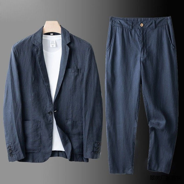 Elegantes Leinen-Set für Herren: Slim-Fit, beige, atmungsaktiv, 2-teilig, ideal für Sommeranlässe. Taille mit elastischem Bun