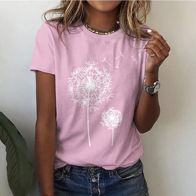 "Elegantes Löwenzahn-Blumen-T-Shirt für Damen, stilvoller Look in Blau, Gelb, Grau, Rosa, Schwarz oder Weiß."