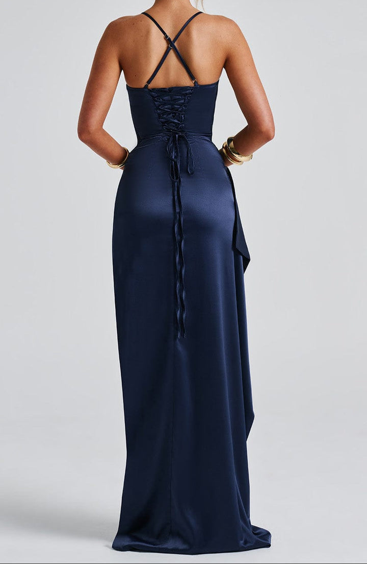 Damen Party-Maxikleid marineblau, Spaghettiträger, langer Rock mit Beinschlitz, perfekt für den Sommerabend.