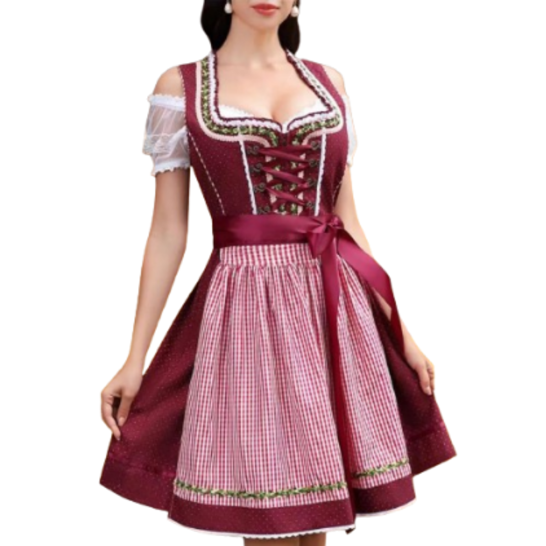 Traditionelles Damen Oktoberfest Trachtenkleid in Rot mit aufwendigem Schnürmieder, Details und zarter Schürze.