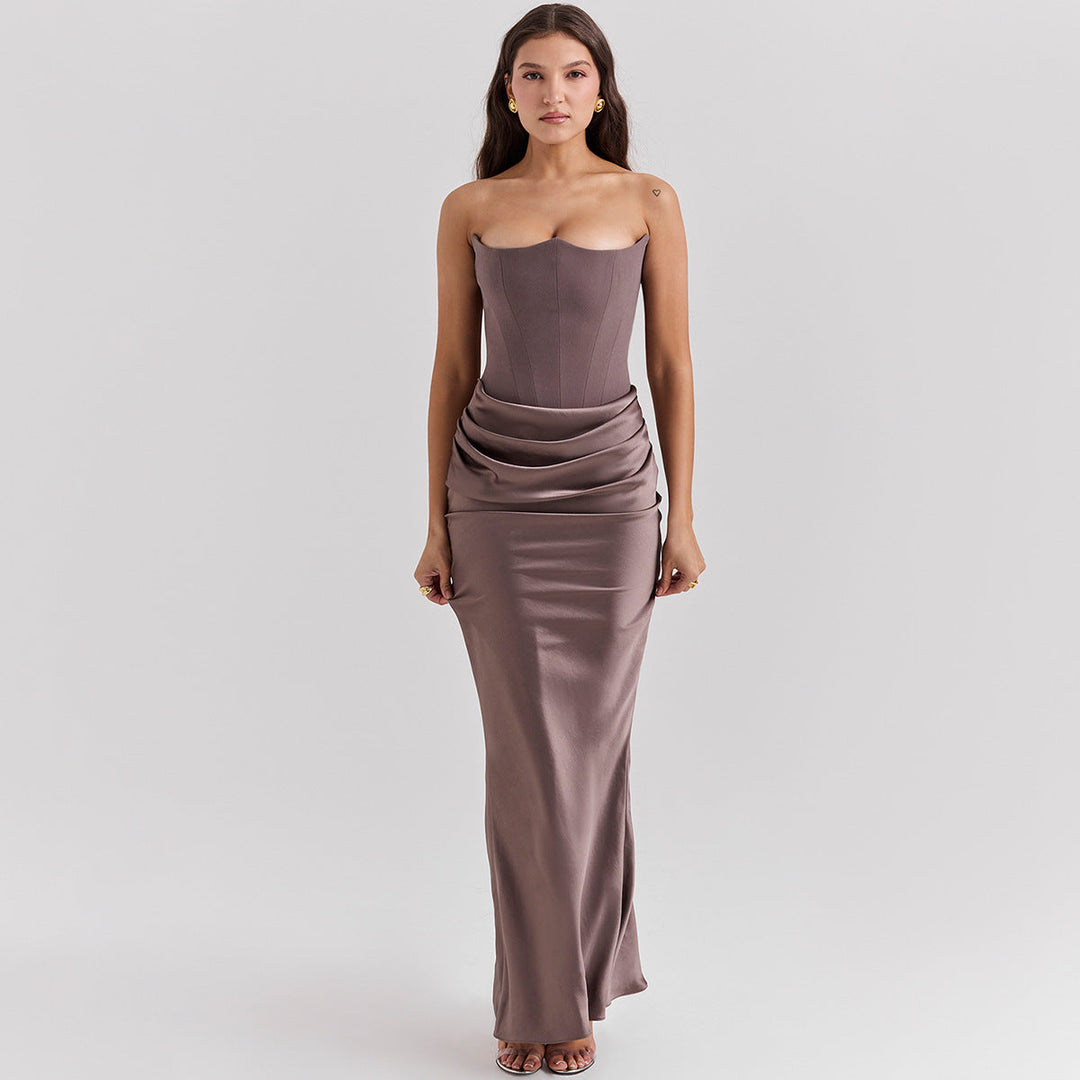 Langes Damen-Herbst-Abendkleid, schulterfrei, rückenfrei, elegante Meerjungfrauen-Silhouette für Partys.