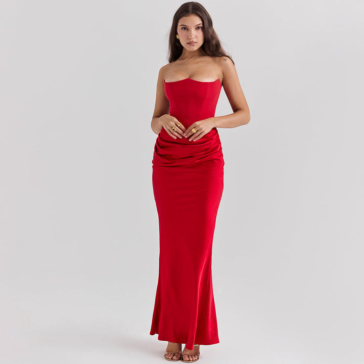 Modernes Damen Maxikleid schulterfrei und rückenfrei, elegantes langes Herbstkleid, ideal für Partys.