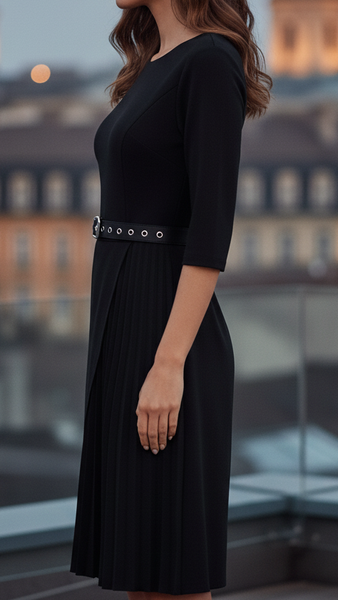 Vielseitiges schwarzes Damen-Midikleid mit Gürtel & langen Ärmeln, perfektes Frühlingskleid für jede Figur.