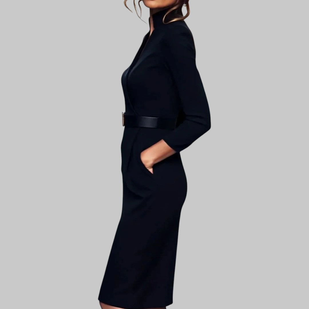 Figurbetontes Langarm Midi-Kleid für Damen, mit Taillengürtel. Perfekt für elegante Freizeit- oder Business-Looks.