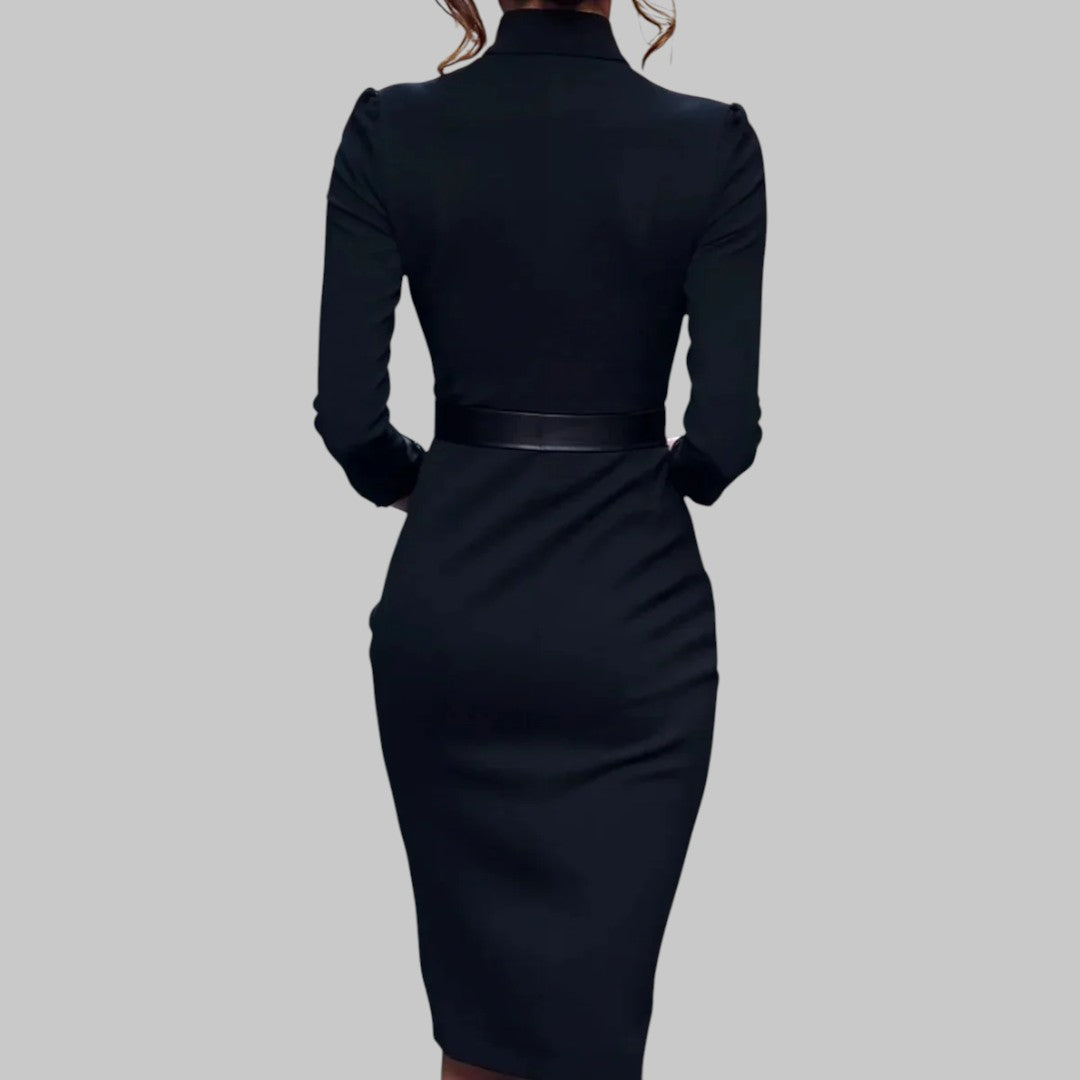 Modernes Damen Etui-Kleid in Midi-Länge, Schwarz, mit langen Ärmeln und stilvollem Gürtel für vielfältige Anlässe.