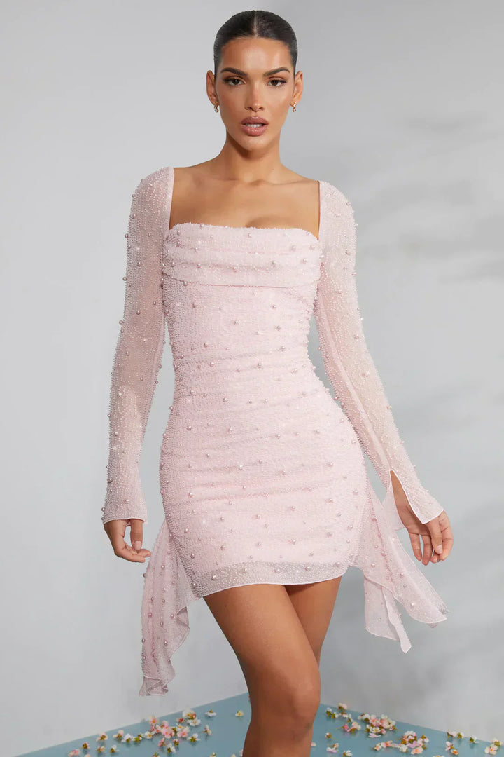 Modisches Damen Cocktailkleid, Langarm, Minilänge, mit elegantem Kragen in Schwarz.