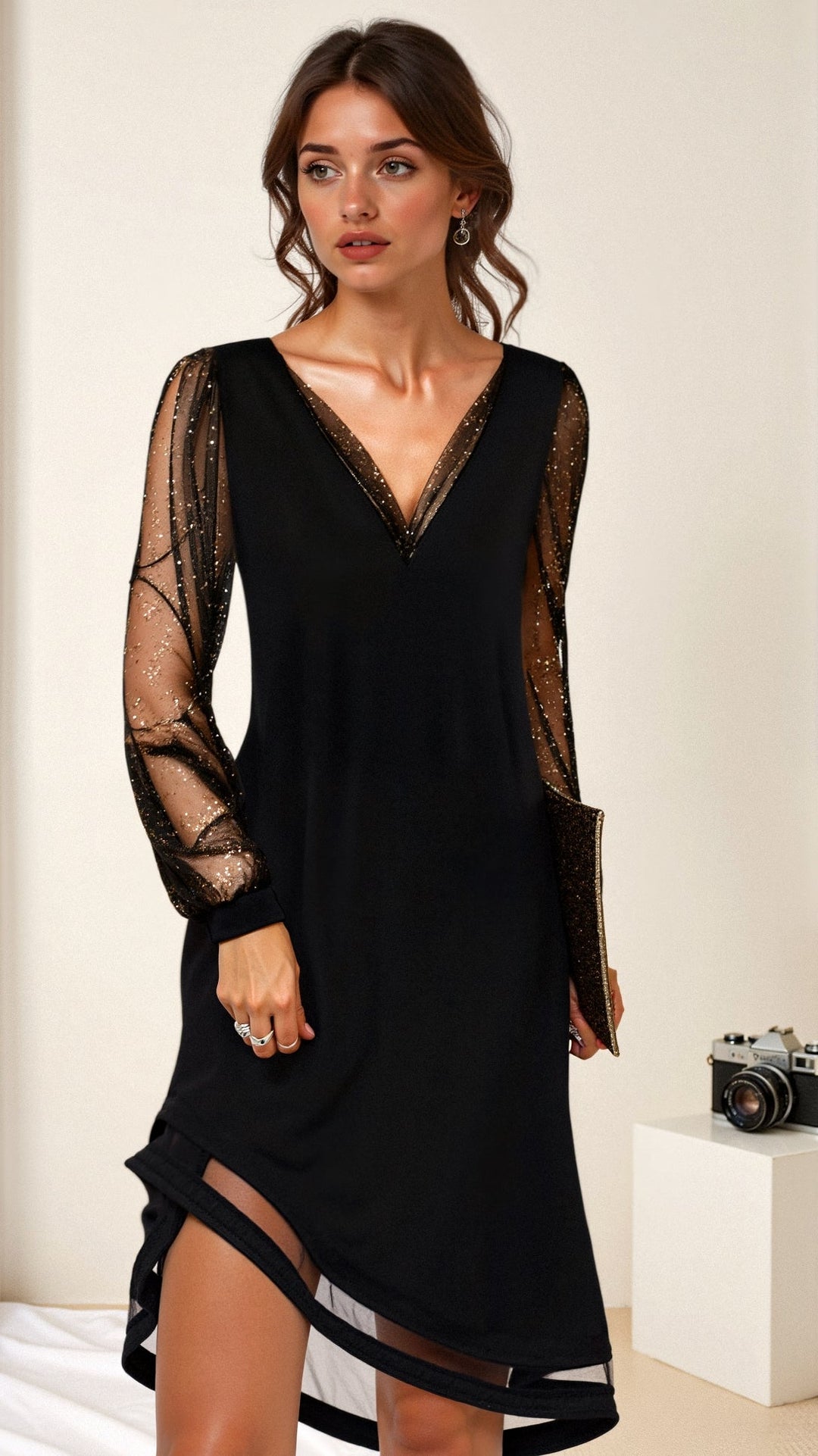 Elegantes schwarzes Damen Pailletten Abendkleid, ideal für festliche Sommerpartys und glamouröse Anlässe.