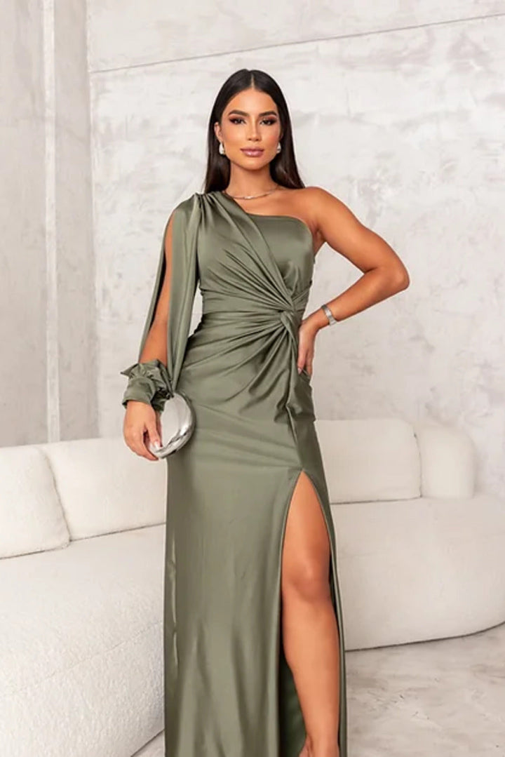Schwarzes Damenkleid, Ein-Schulter, ideal als Abendkleid für festliche & glamouröse Anlässe.