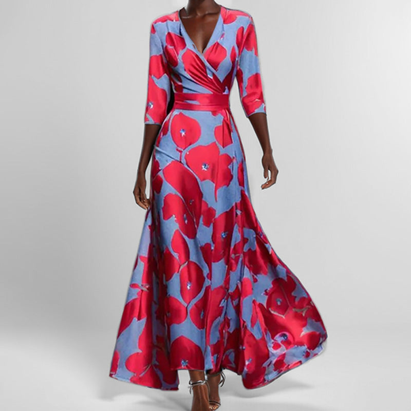 Elegantes V-Ausschnitt Damenkleid mit bedrucktem Schößchendesign und halbem Ärmel für stilvolle Auftritte.