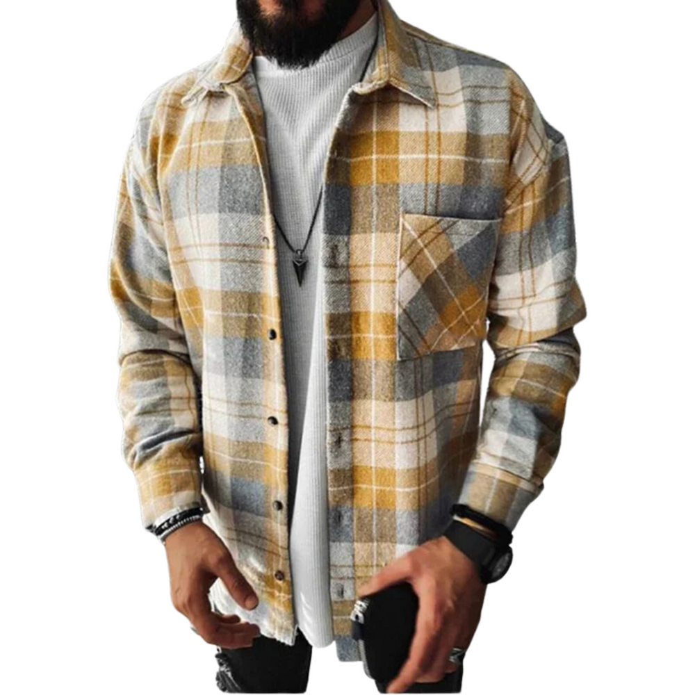 Nahaufnahme des warmen, weichen Materials des karierten Winterhemdes für Herren. Ideales Outdoor-Hemd.