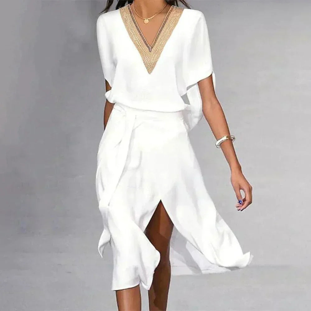 Elegantes weißes Damen Wickel-Midikleid mit V-Ausschnitt, vielseitig für Sommer, Business oder Abend.