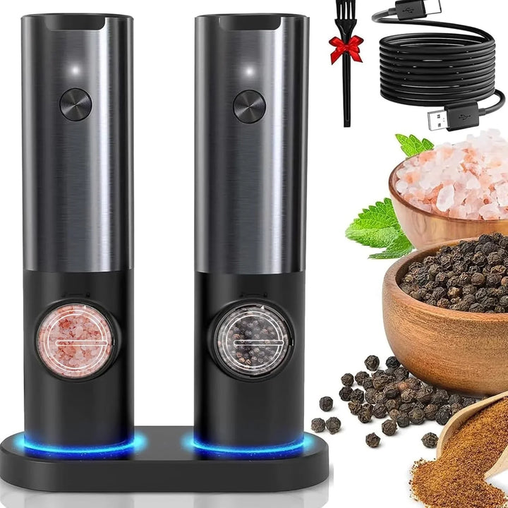 "Elektrische Salz- und Pfeffermühle aus Edelstahl mit USB-Akku; modernes Design, LED-Licht, ideal fürs Gewürzen."