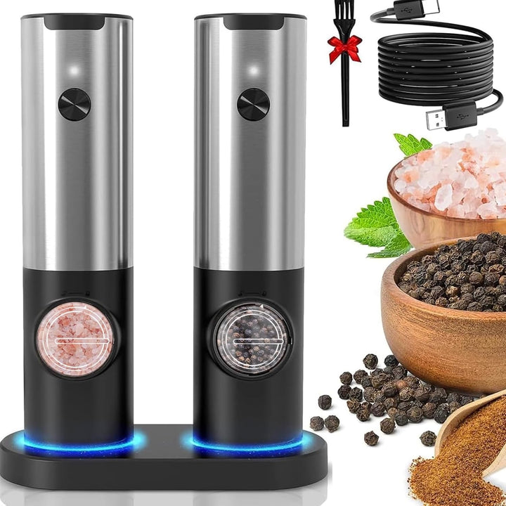 Elektrische Salz- und Pfeffermühle Set, Edelstahl, LED-Licht, USB-aufladbar, Gewürzmühle.