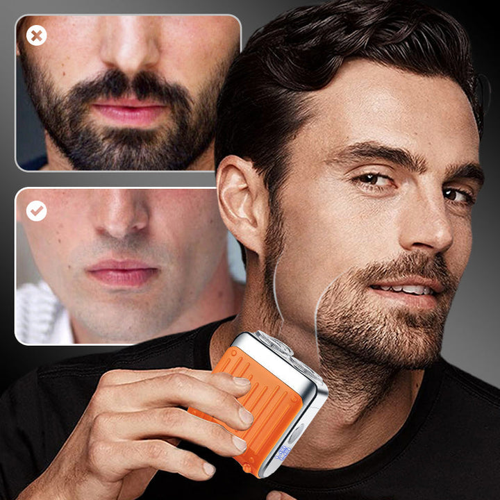 Elektrorasierer, grau-orange, kompakt, mit LED-Anzeige und magnetischer USB-C-Aufladung für nasse/trockene Rasuren.