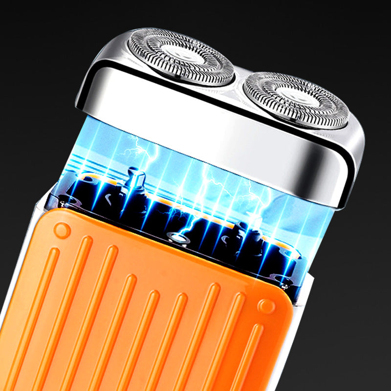 Elektrorasierer, grau-orange, kompakt, mit LED-Anzeige und magnetischer USB-C-Aufladung für nasse/trockene Rasuren.