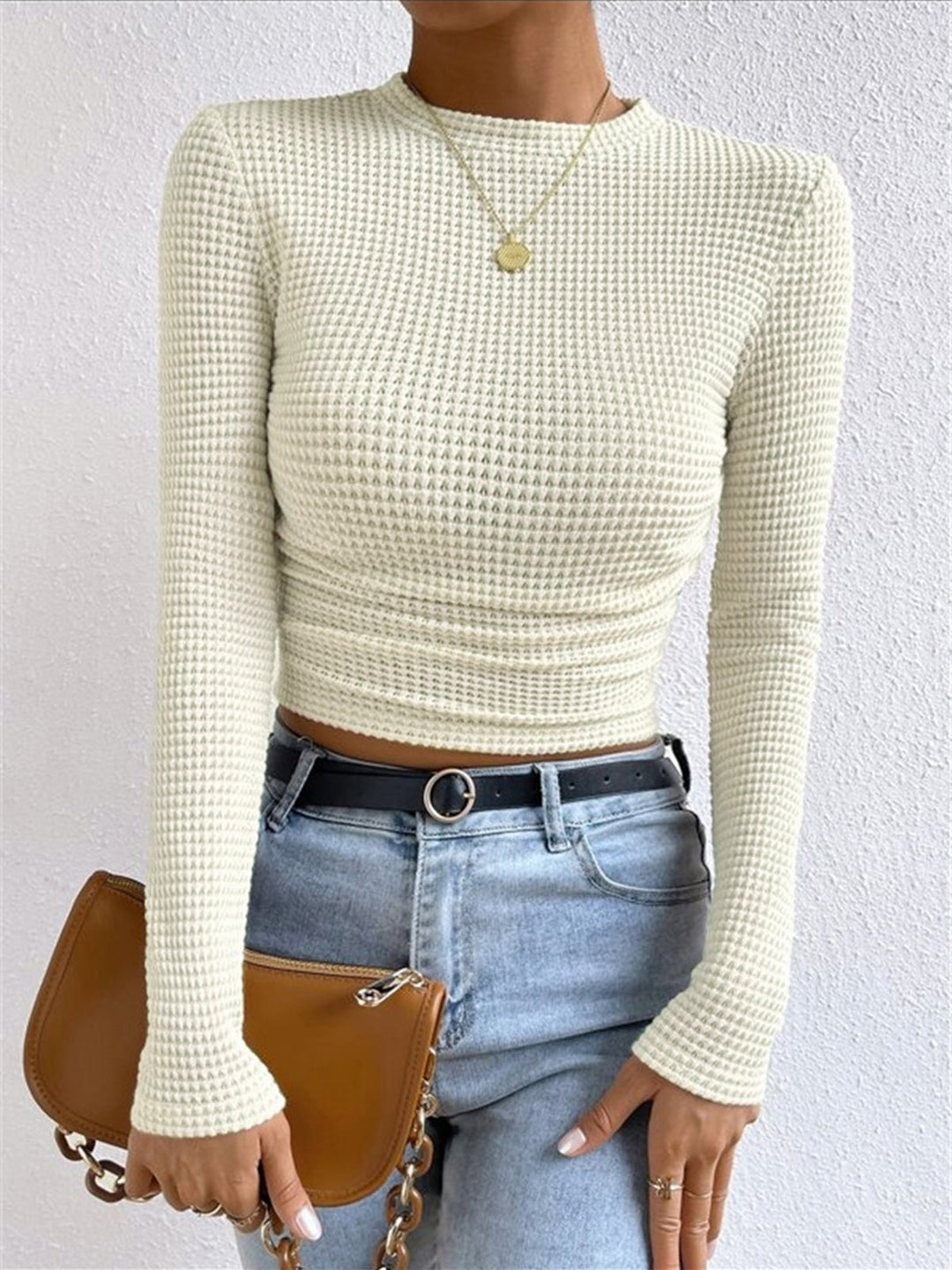 Enganliegendes Damen Waffelstrick Langarmtop für den Frühling; komfortabel & chic für Freizeit.