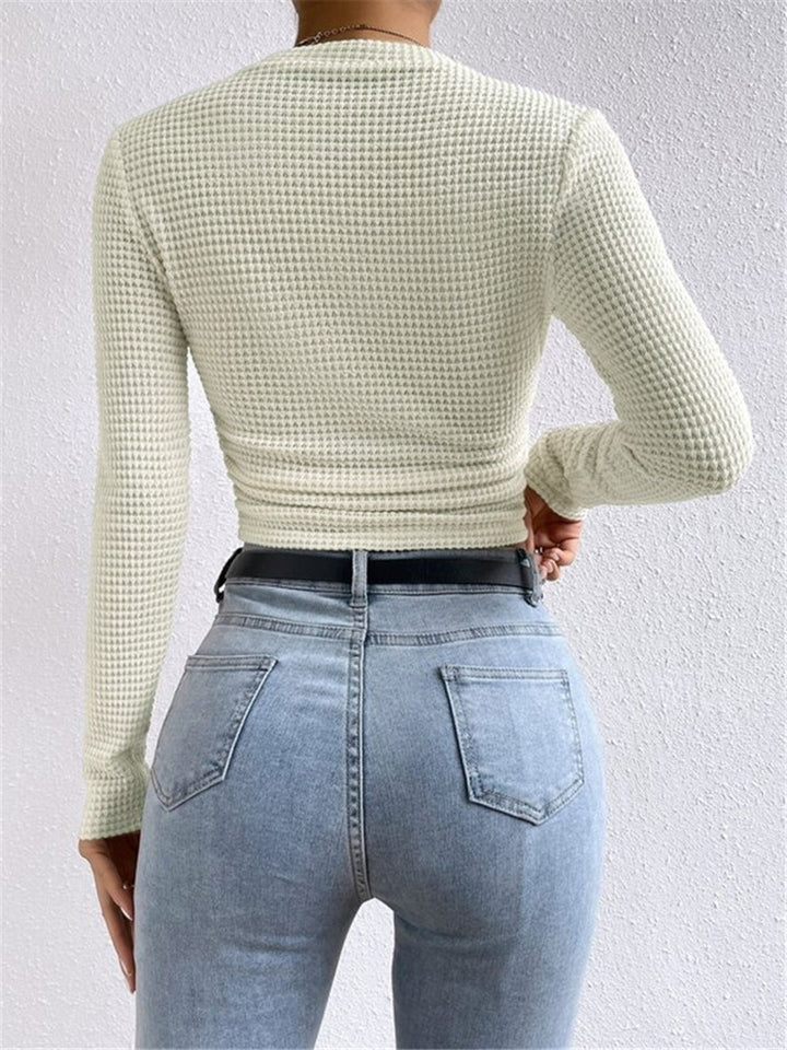 Komfortables Damen Oberteil: Enganliegendes Waffelstrick Langarmtop, ideal für Frühling und Alltagslooks.