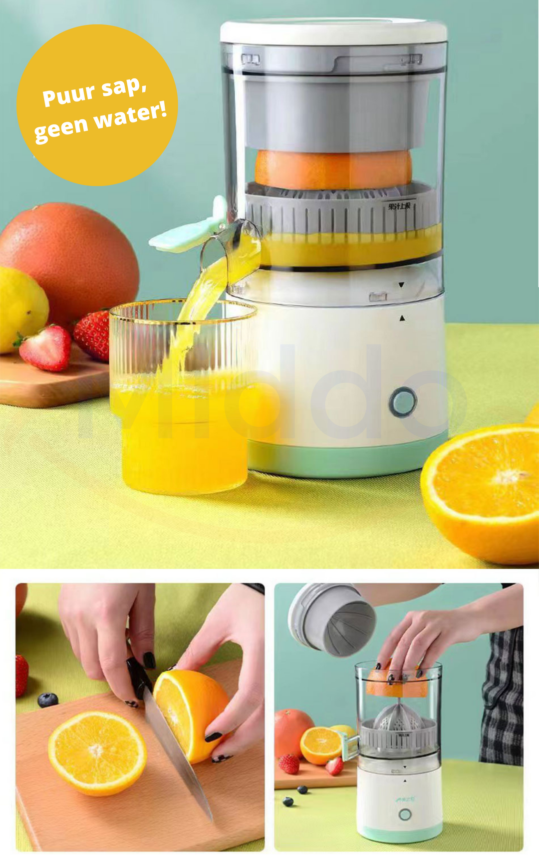 Elektrische Saftpresse, weiß, mit Orangen, frischem Saft, Obst, Küche, gesund, effizient.