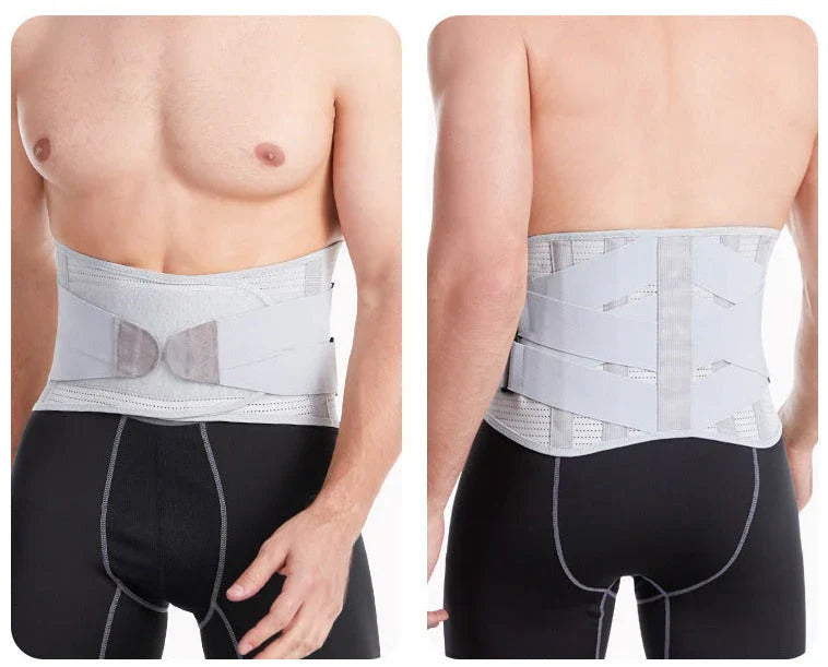 "Ergonomische Lendenwirbel-Stütze in Beige, atmungsaktiv, mit verstellbaren Gurten für Rückenschmerzlinderung."
