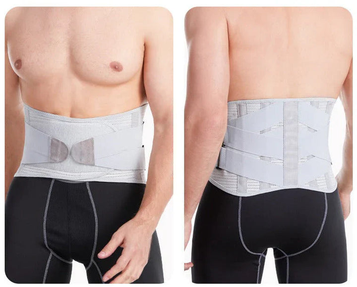 "Ergonomische Lendenwirbel-Stütze in Beige, atmungsaktiv, mit verstellbaren Gurten für Rückenschmerzlinderung."