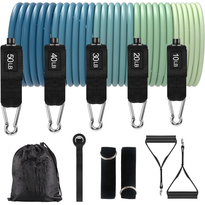 "Ergonomische PowerGrip Widerstandsreifen, einstellbarer Widerstand, robuste Griffe, ideal für vielseitiges Krafttraining."