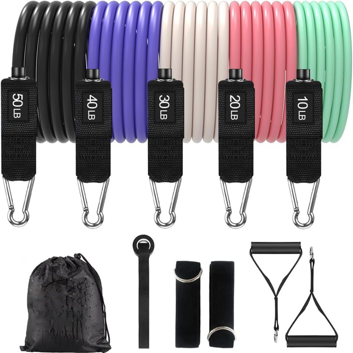"Ergonomische PowerGrip Widerstandsreifen, einstellbarer Widerstand, robuste Griffe, ideal für vielseitiges Krafttraining."