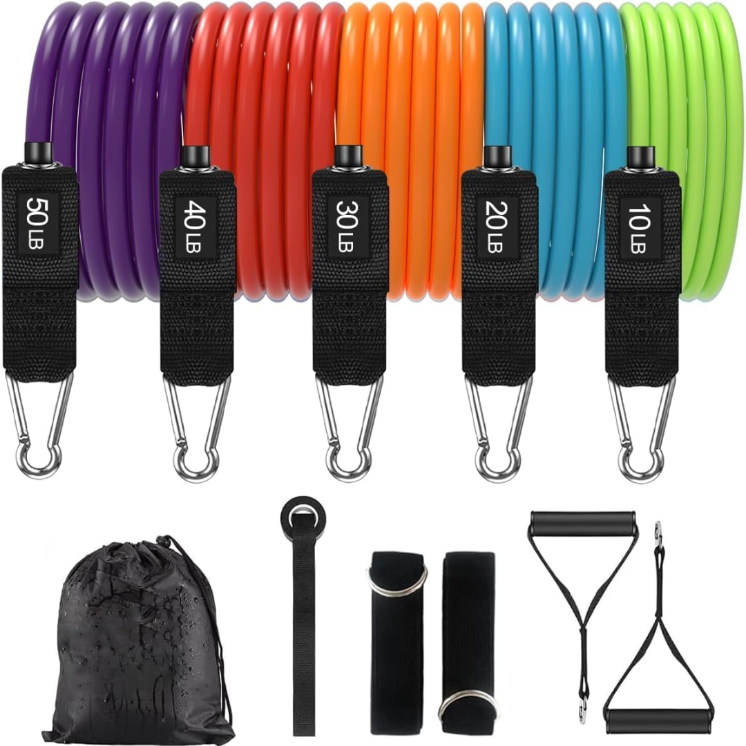 "Ergonomische PowerGrip Widerstandsreifen, einstellbarer Widerstand, robuste Griffe, ideal für vielseitiges Krafttraining."