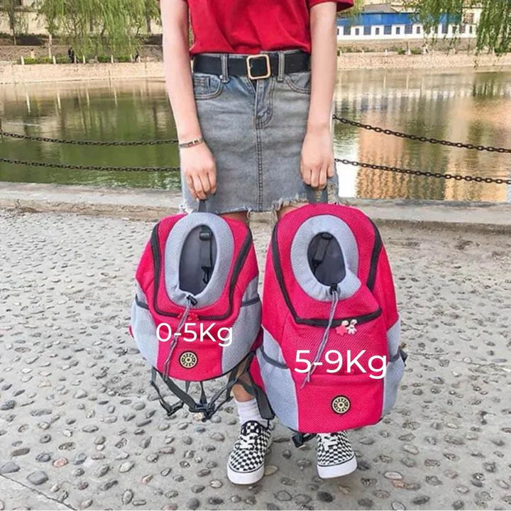 "Ergonomischer Hundetransportrucksack aus atmungsaktivem Mesh mit Polsterung, verstellbaren Trägern und praktischen Taschen."
