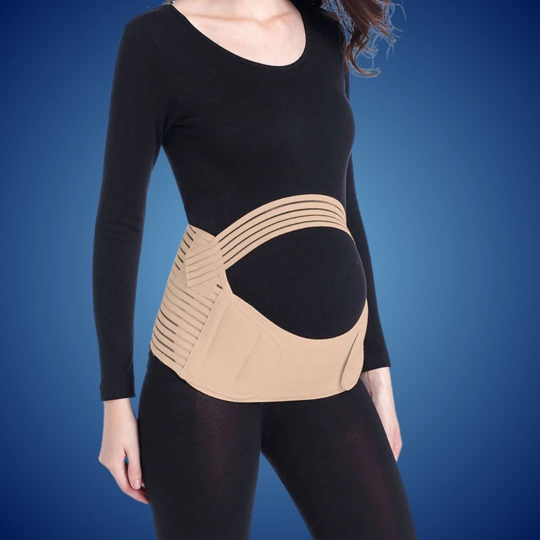 "Ergonomischer Schwangerschafts-Stützgürtel in Beige, bietet Rücken- und Bauchunterstützung für werdende Mütter."