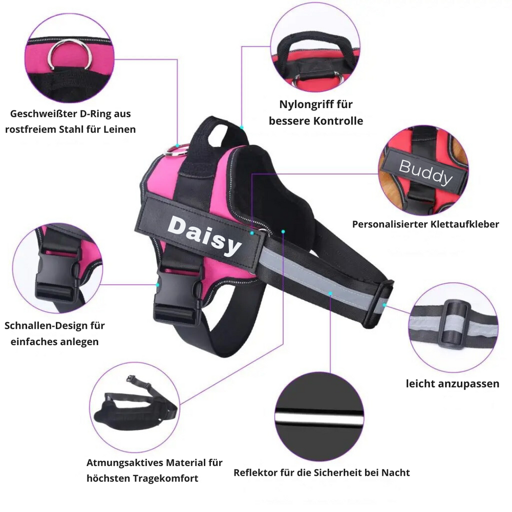 Ergonomisches Anti-Zug Hundegeschirr in verschiedenen Farben, personalisierbar für Komfort und reflektierende Sicherheit.