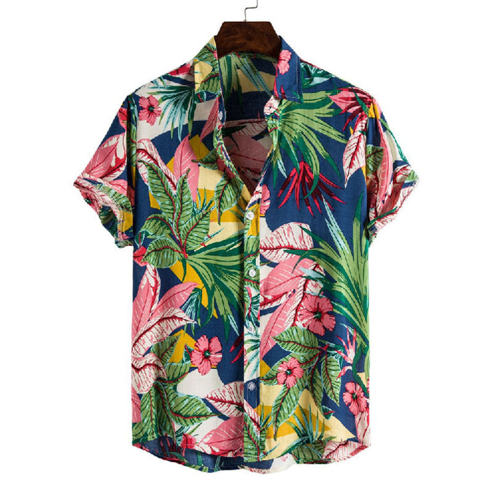 Exotisches Herren-Urlaubshemd mit lebhaften Druckmotiven, tropischem Design; ideal für stilvolle Sommer-Outfits.