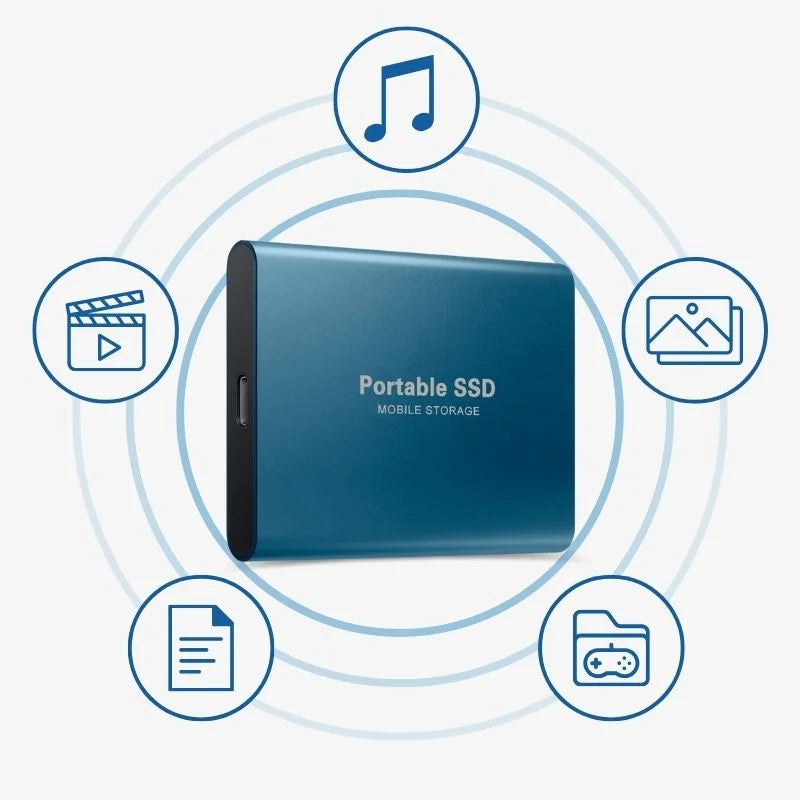 Hochwertige externe SSD Festplatte mit USB-C-Anschluss, robustes Aluminiumgehäuse, tragbar & schnell.