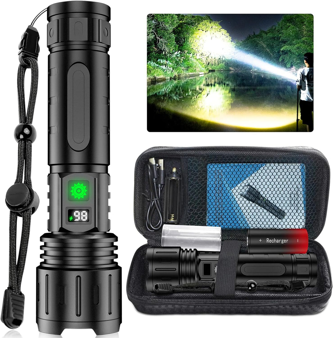 "Extrem helle 100.000 Lumen Taschenlampe in robustem Gehäuse, ideal für Outdoor-Abenteuer und Notfälle, frontalansicht"