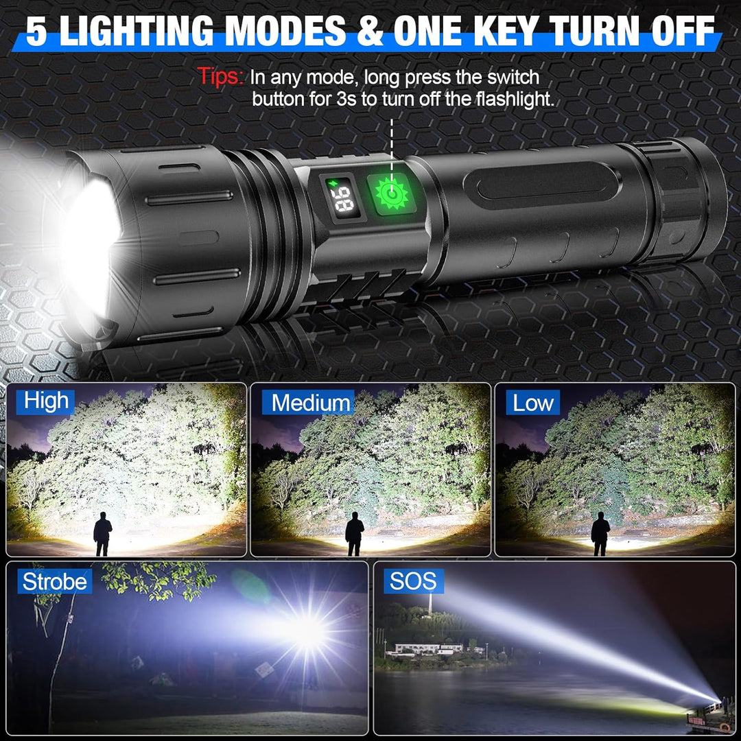 "Extrem helle 100.000 Lumen Taschenlampe in robustem Gehäuse, ideal für Outdoor-Abenteuer und Notfälle, frontalansicht"