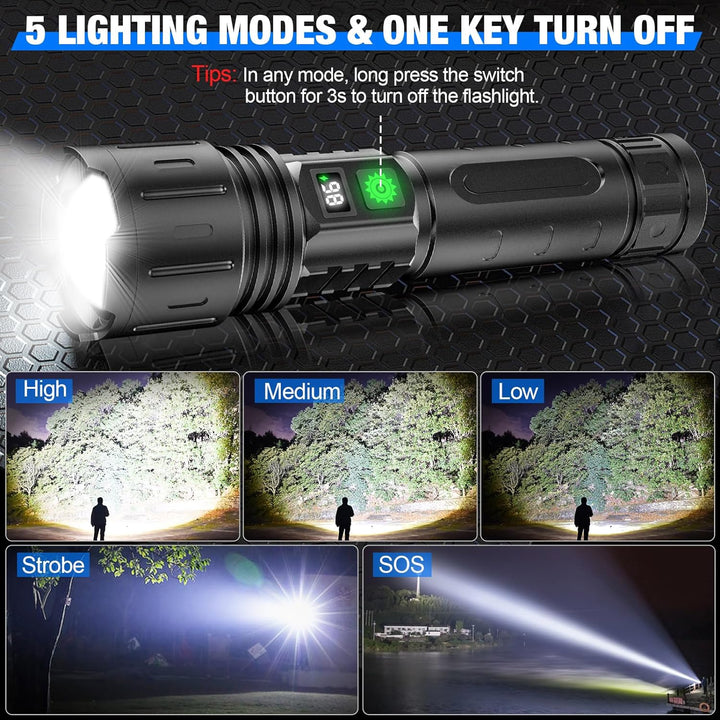 "Extrem helle 100.000 Lumen Taschenlampe in robustem Gehäuse, ideal für Outdoor-Abenteuer und Notfälle, frontalansicht"