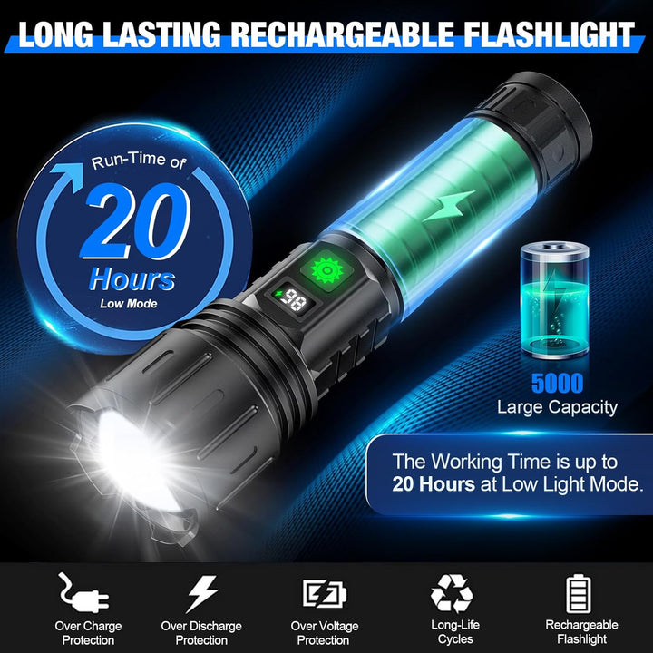 "Extrem helle 100.000 Lumen Taschenlampe in robustem Gehäuse, ideal für Outdoor-Abenteuer und Notfälle, frontalansicht"