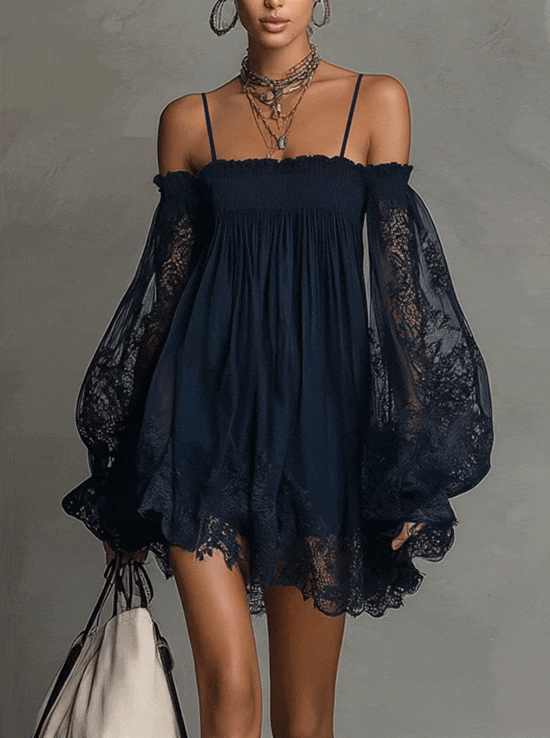 Marineblaues Chiffon-Minikleid für Damen von hinten mit Reißverschluss