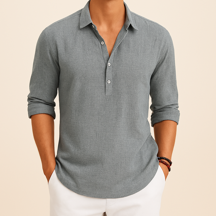 Modernes Herren Langarm Henley Poloshirt in Beige, klassisch-elegant, vielseitig kombinierbar für Herbst.