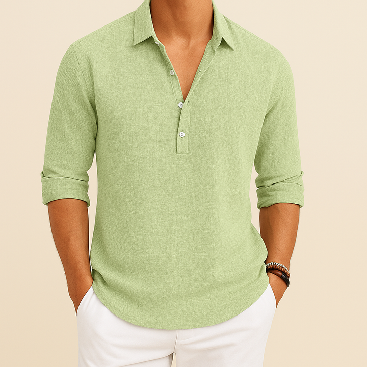 Herren Basic Henley Poloshirt mit langen Ärmeln in Rot, bequemes Freizeitoberteil, klassisch und zeitlos.