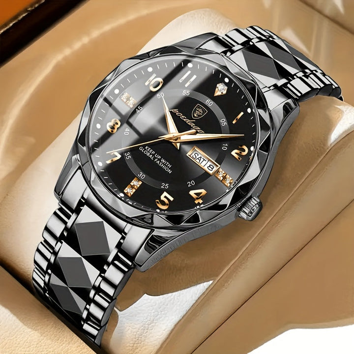Luxus Herrenarmbanduhr, schwarz, Edelstahl, analog, Datumsanzeige, elegantes Design.