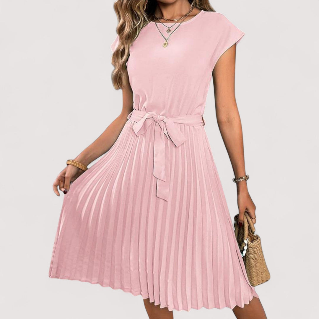 Grünes Damen Sommerkleid mit Bindegürtel und Kurzaermeln für elegante Freizeit