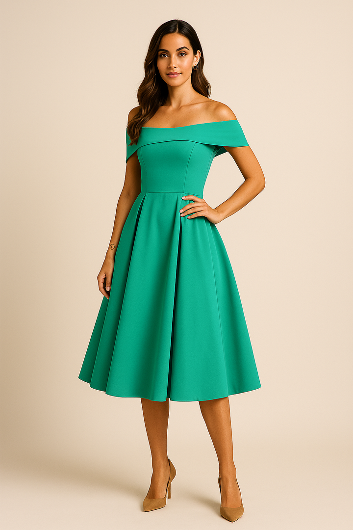 Festliches A-Linien Kleid für Damen mit schulterfreiem Design in Grün