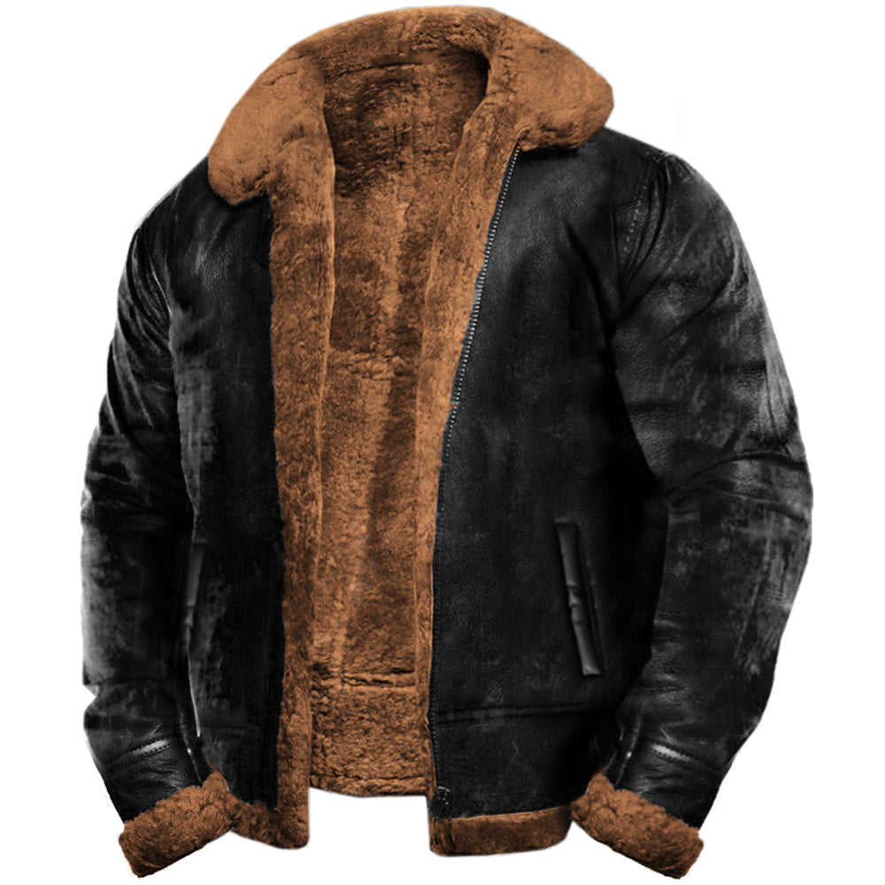 Detailansicht der schwarzen Herren Fliegerjacke mit kuscheligem Fellkragen