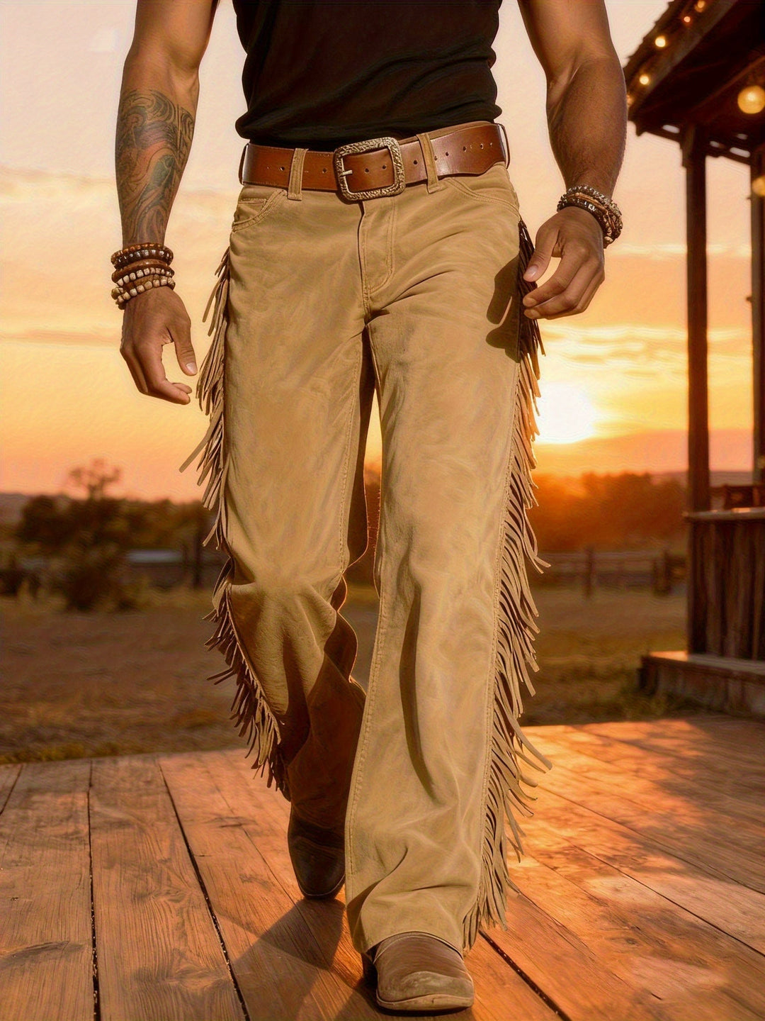 Herren Fransen Hose in Khaki mit Western Gürtel im Sonnenuntergang