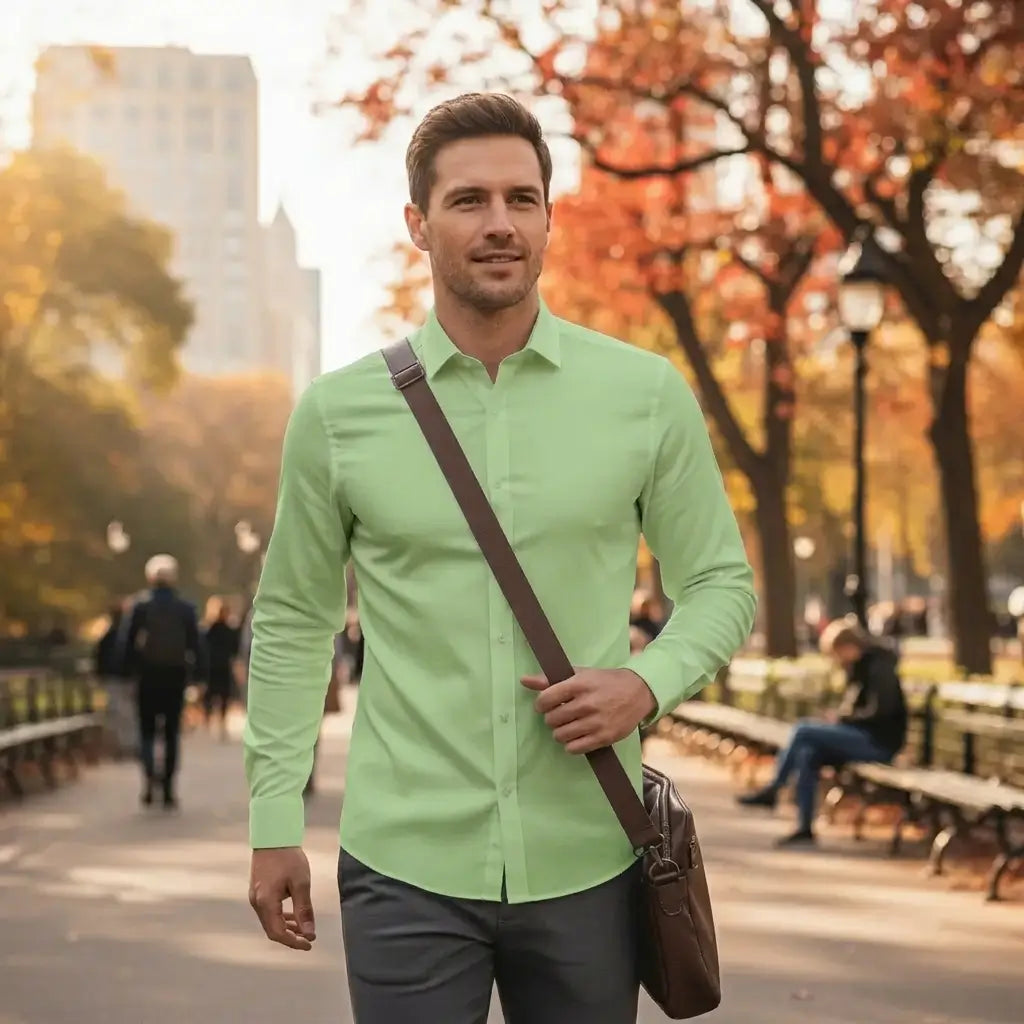 Hellgrün - Herrenhemd mit Stretch, Atmungsaktivem Stoff und Knitterarmem Finish für den Herbst