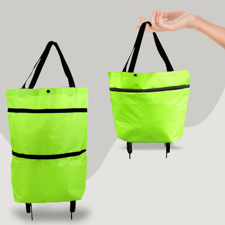 "Faltbare 2-in-1 Einkaufstasche mit Rollsystem, ideal für leichtes Ziehen großer Einkäufe, erhältlich in mehreren Farben."