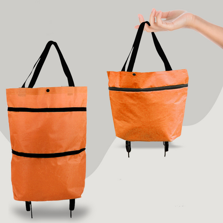 "Faltbare 2-in-1 Einkaufstasche mit Rollsystem, ideal für leichtes Ziehen großer Einkäufe, erhältlich in mehreren Farben."