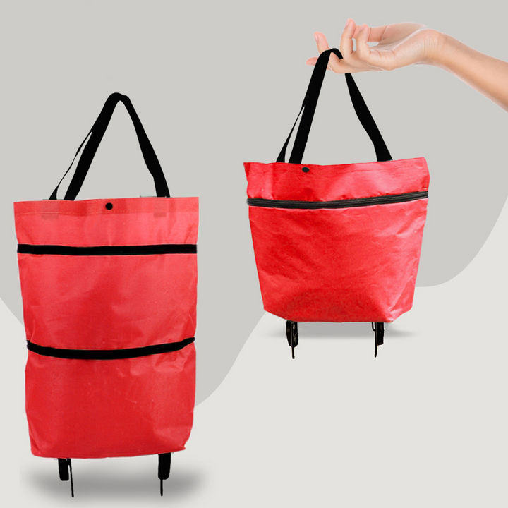 "Faltbare 2-in-1 Einkaufstasche mit Rollsystem, ideal für leichtes Ziehen großer Einkäufe, erhältlich in mehreren Farben."