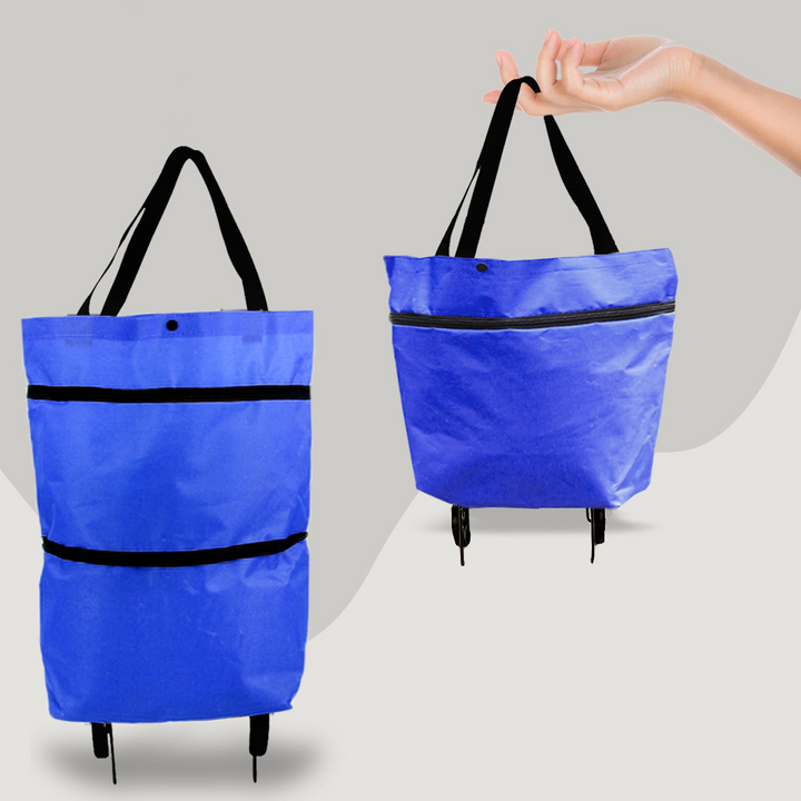"Faltbare 2-in-1 Einkaufstasche mit Rollsystem, ideal für leichtes Ziehen großer Einkäufe, erhältlich in mehreren Farben."